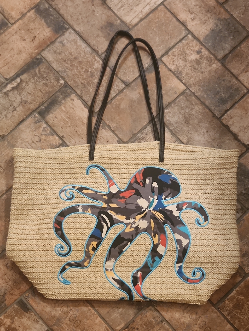 Vera Bradley Seashore Splash Floral Octopus Woven Straw Raffia Tote Bag NWOT